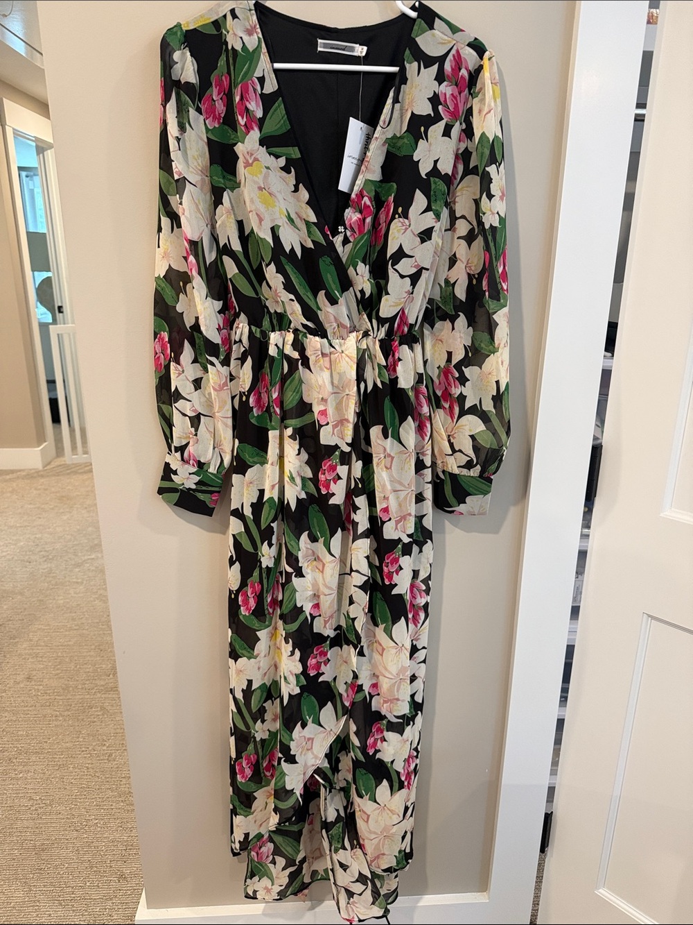 Black Floral Wrap Maxi Dress with Cream & Pink Blooms